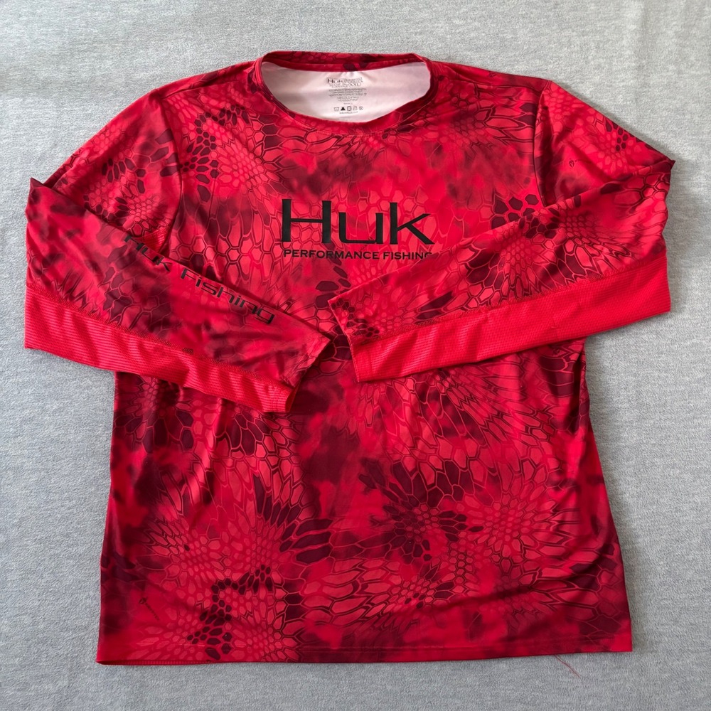 Huk Performance Fishing Shirt Mens XXL Red Kryptek Camo Long Sleeve Mesh Vent